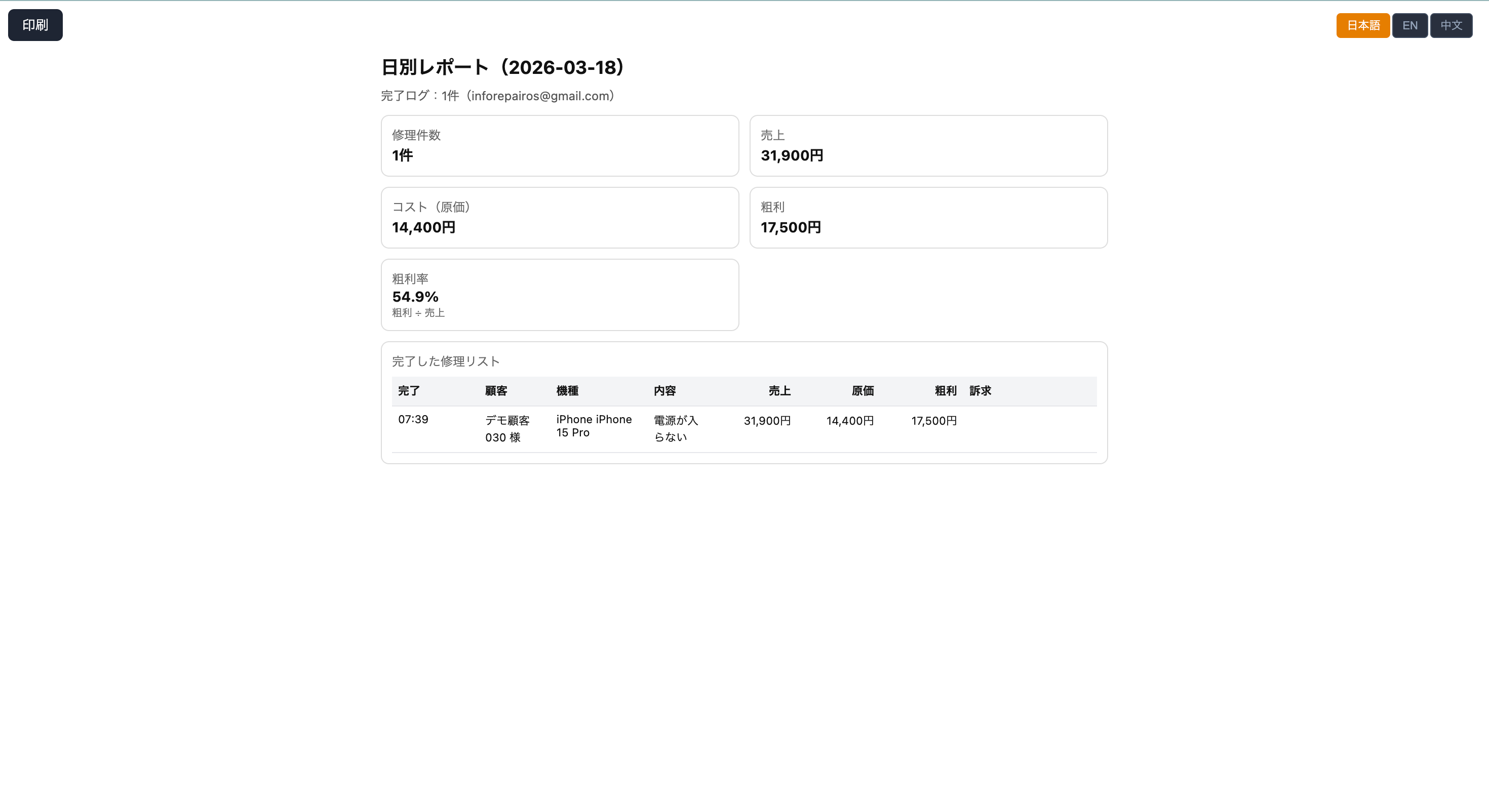 スマホ修理店向け管理ツール RepairOS 売上レポート画面